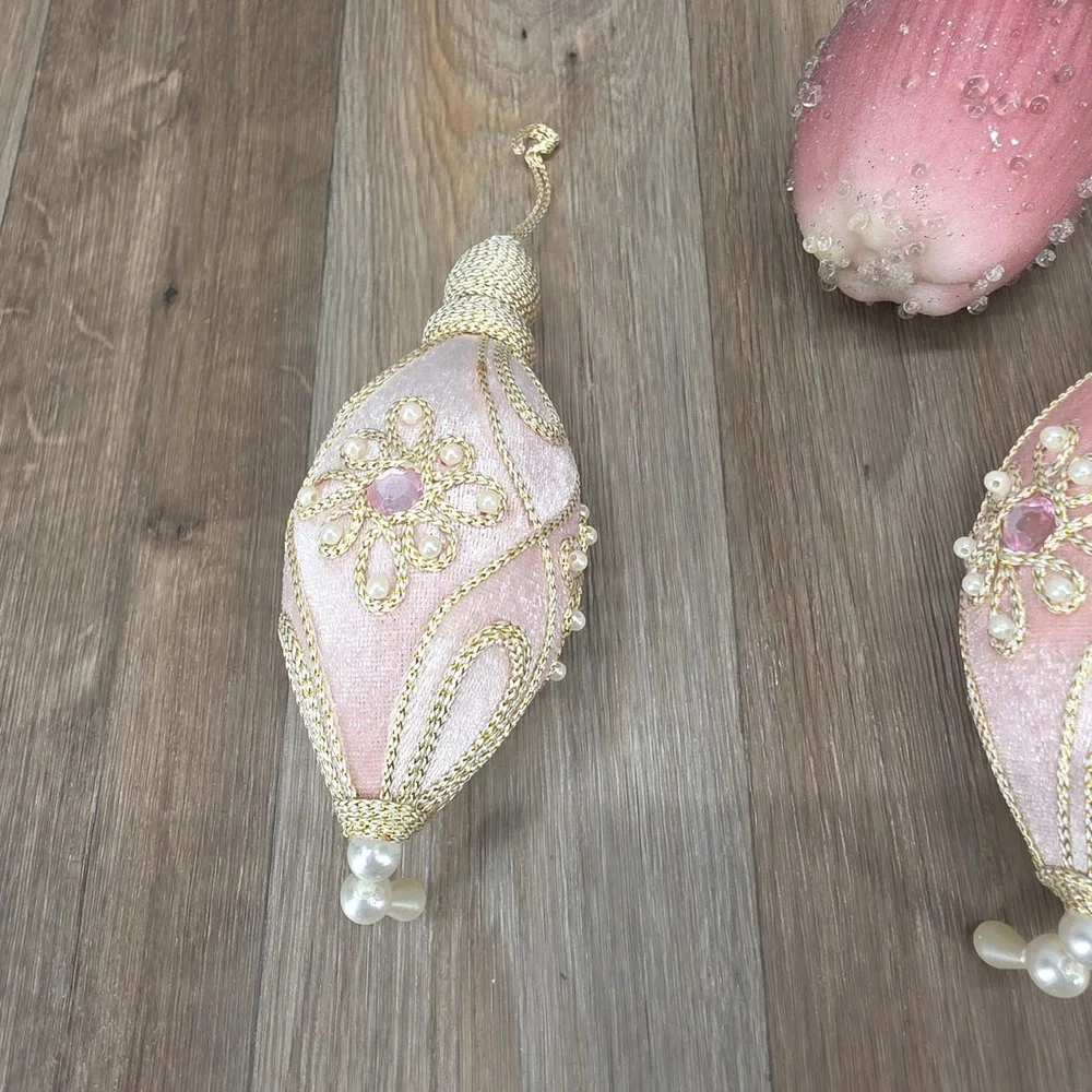 Vintage Pink Velvet Drop Snowman & Beaded Apple Christmas Ornaments Set of 4